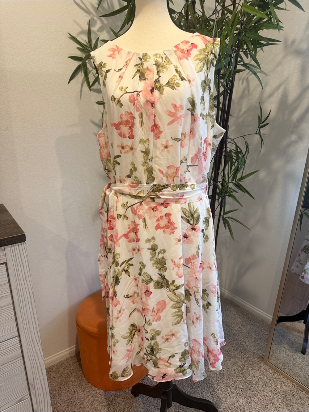 JH Collectibles White Midi Dress with Pink Floral & Green Leaves